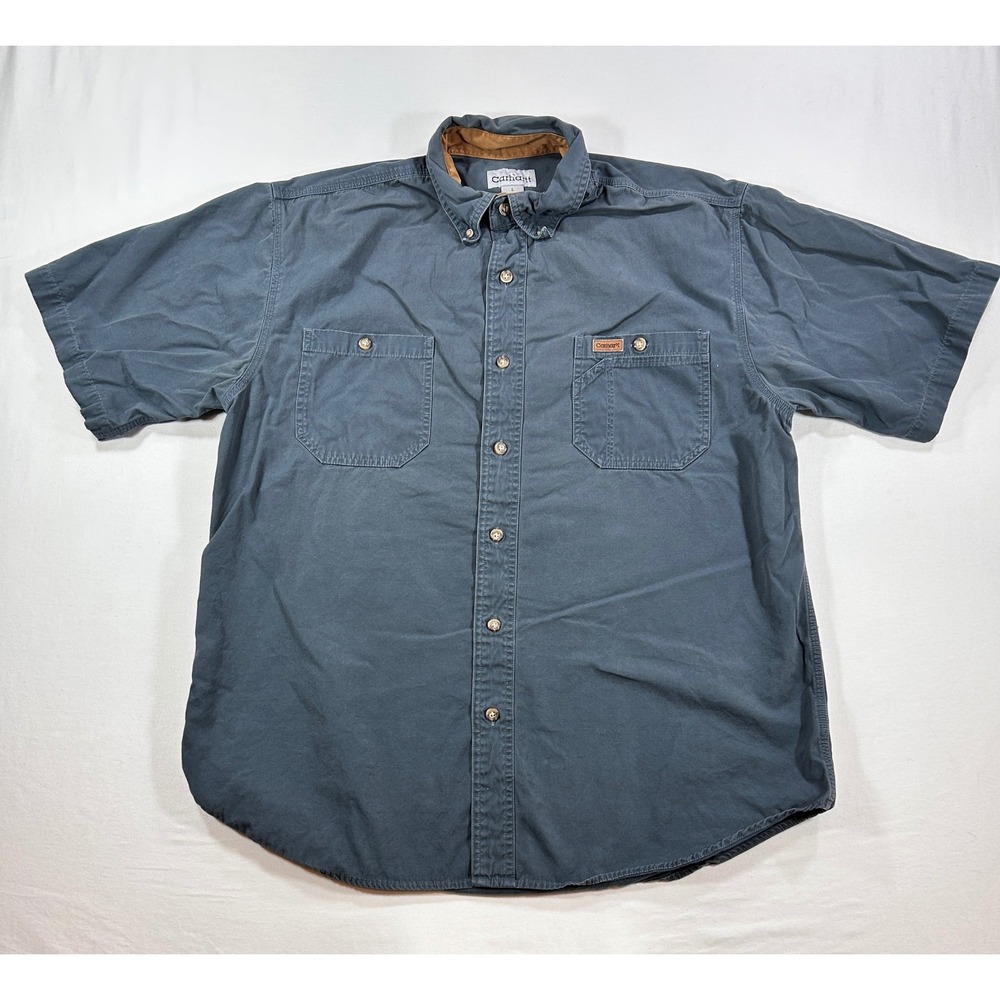 Carhartt Mens Large Short Sleeve Button Down Work Shirt Blue Cotton Utility